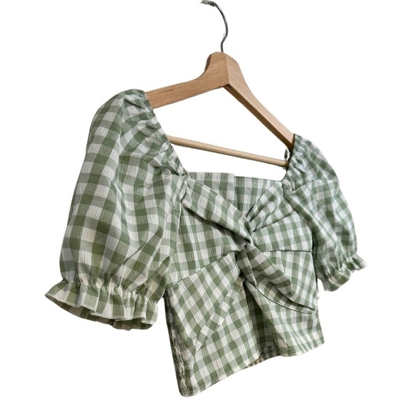 SHEIN Green & White Gingham Print Twist Front Puff Sleeve Crop Top Size 11-12Y☀️ - Picture 4 of 17